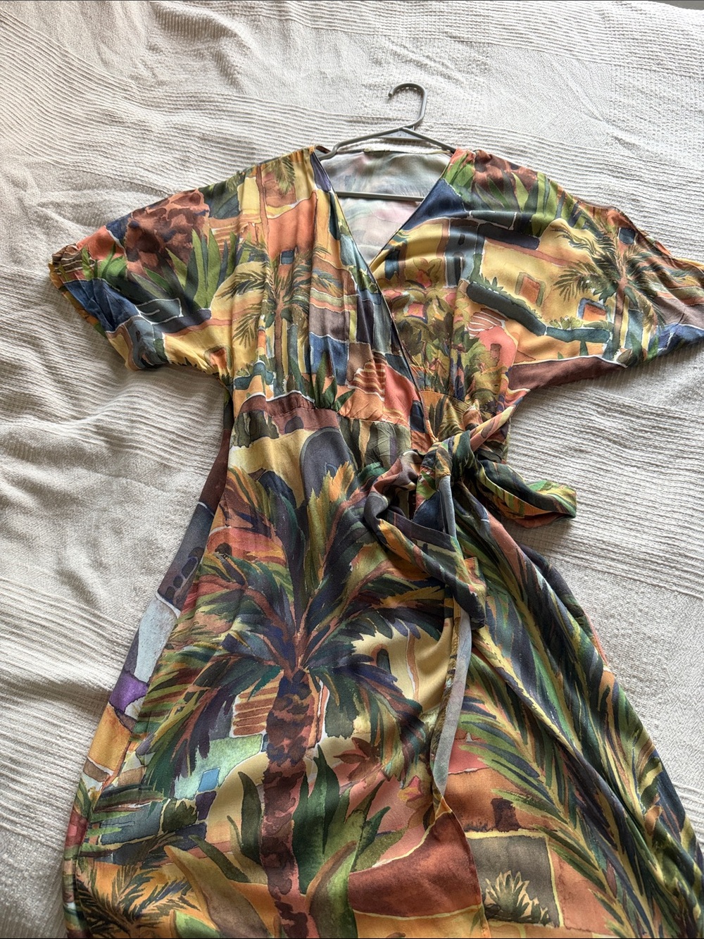 Palm-Print Wrap Dress with Tie Front